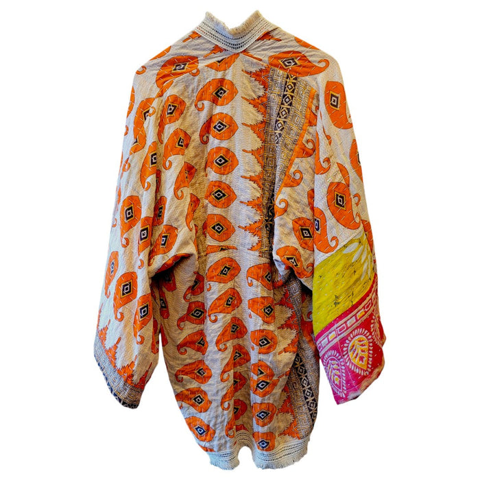 The Window, Milford Haven orange and beige Kantha cotton kimono with wide sleeves and traditional quilted patterns.