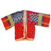 The Window, Milford Haven red and navy Kantha-stitched cotton kimono with wide sleeves and fringed border details.