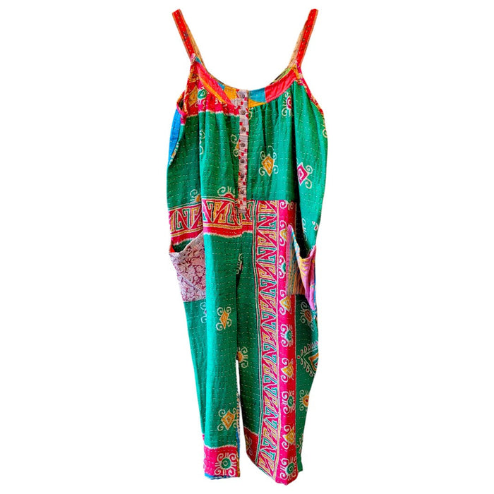 The Window, Milford Haven green and blue oversized Kantha cotton overalls with vibrant patchwork and front pockets.