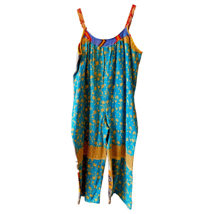 The Window, Milford Haven oversized Kantha cotton overalls in turquoise and grey with floral patterns and front pockets.