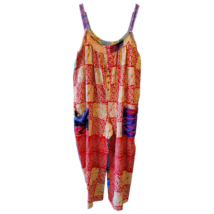 The Window, Milford Haven oversized cotton overalls in red and turquoise with traditional Kantha quilting and pockets.