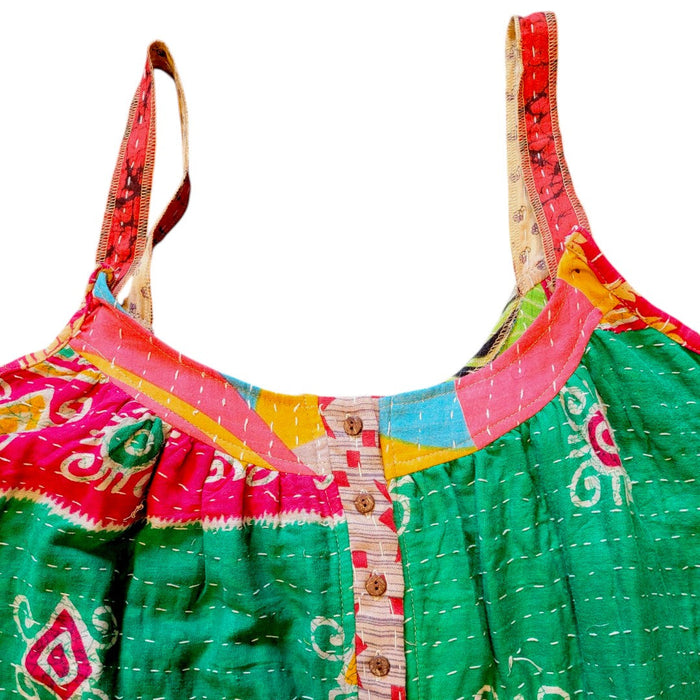 The Window, Milford Haven Kantha cotton overalls in green and blue with colourful patchwork and button front detail.