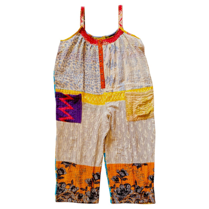The Window, Milford Haven GRINGO FAIRTRADE Kantha cotton overalls in grey and turquoise with patchwork floral details.