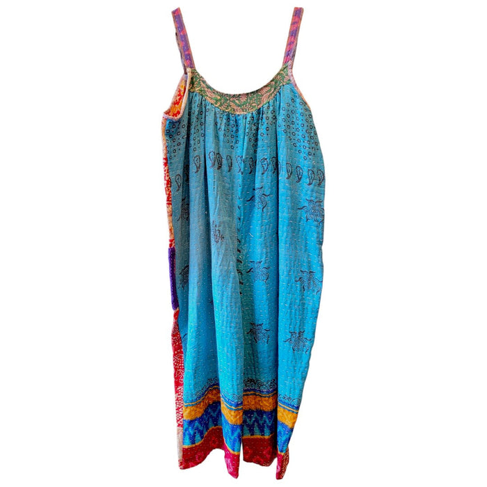 The Window, Milford Haven oversized Kantha cotton overalls in vibrant turquoise and red with traditional quilting.