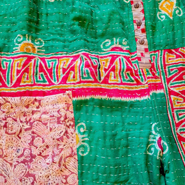The Window, Milford Haven green and blue Kantha cotton oversized overalls with intricate patchwork and button detail.