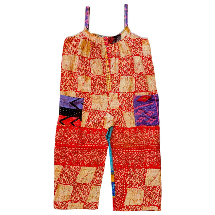 The Window, Milford Haven red and turquoise Kantha cotton oversized overalls with front pockets and button detail.