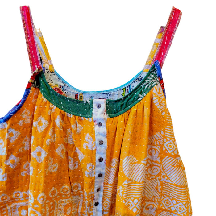 The Window, Milford Haven orange and red Kantha cotton oversized overalls with button front and intricate quilting.