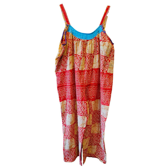 The Window, Milford Haven oversized Kantha cotton overalls in red and orange with blue trim and patterned quilting.
