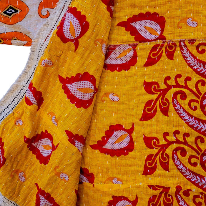 The Window, Milford Haven orange and beige cotton Kantha kimono with traditional paisley patterns and fringed border