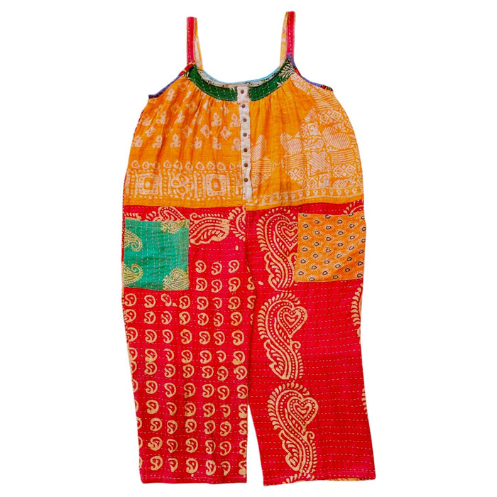 The Window, Milford Haven orange and red Kantha cotton oversized overalls with patchwork paisley and button detail.