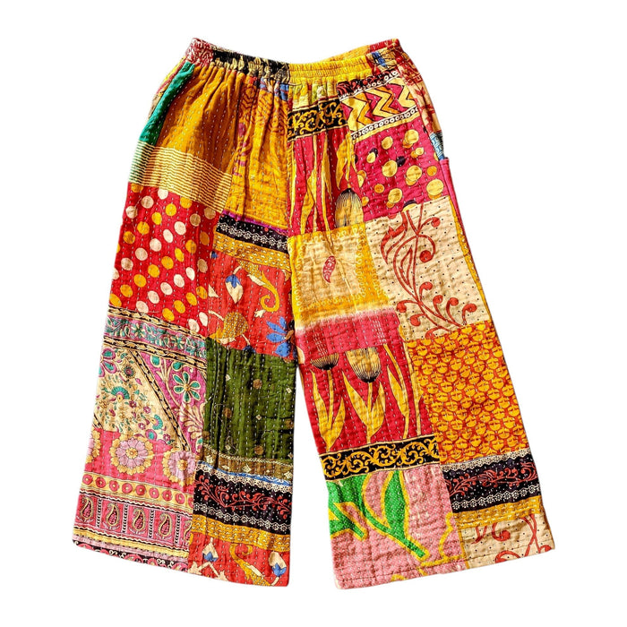 The Window, Milford Haven wide-leg Kantha trousers in multicoloured quilted cotton with a turquoise waistband.