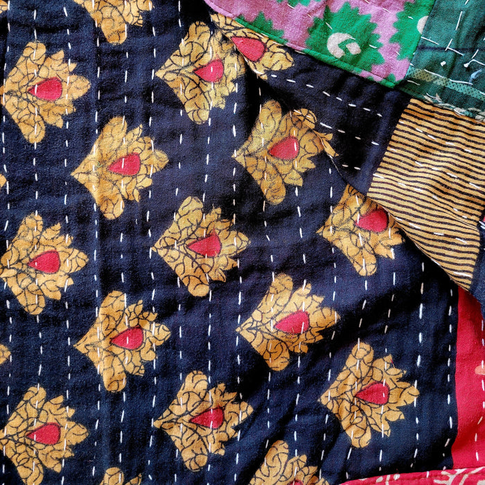 The Window, Milford Haven Kantha quilted cotton dressing gown featuring intricate running stitch embroidery and patterns