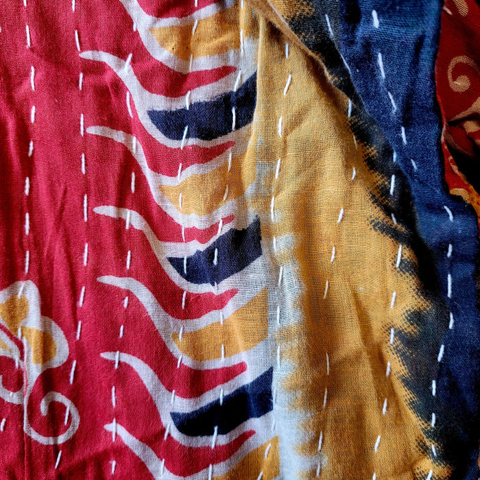 The Window, Milford Haven Kantha quilted cotton dressing gown fabric with intricate white running stitch embroidery.