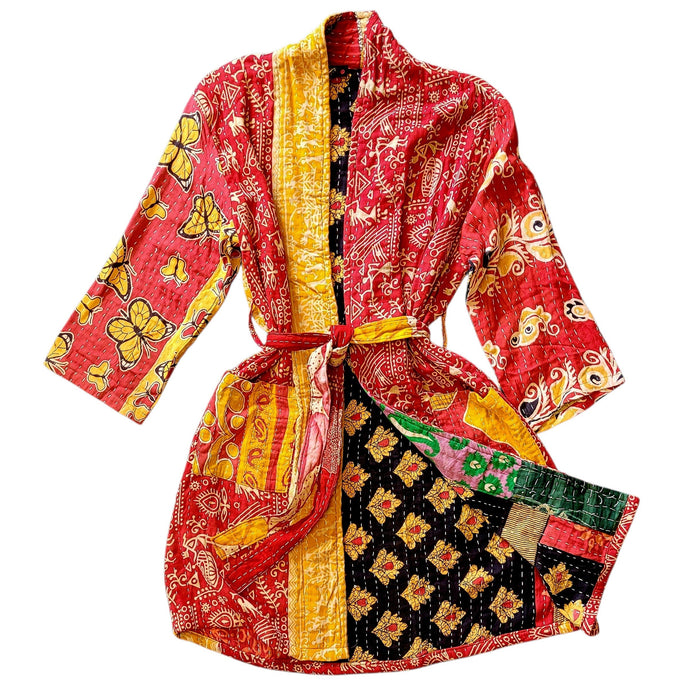 The Window, Milford Haven Kantha quilted cotton dressing gown in red, yellow, and black with butterfly motifs.