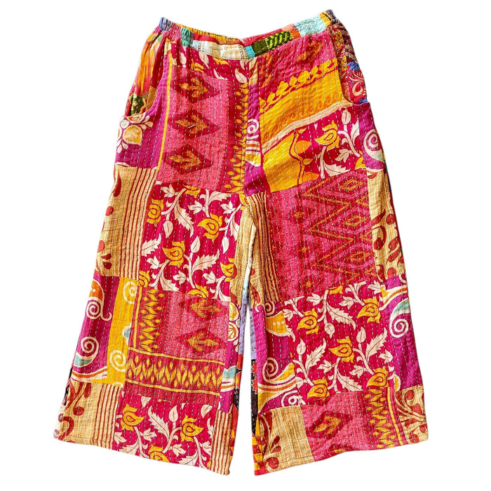The Window, Milford Haven wide-leg Kantha trousers in vibrant patchwork cotton with traditional quilting and pockets.