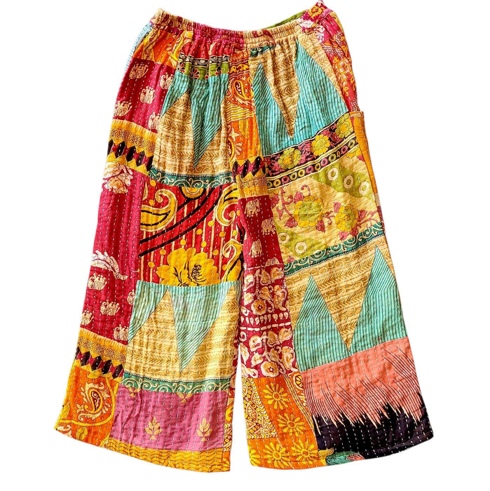 The Window, Milford Haven wide-leg Kantha trousers in multi-coloured quilted cotton with a green waistband.
