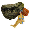 The Window, Milford Haven resin lady sunbather shelf sitter wearing a blue bikini and swim cap sitting by a rock.