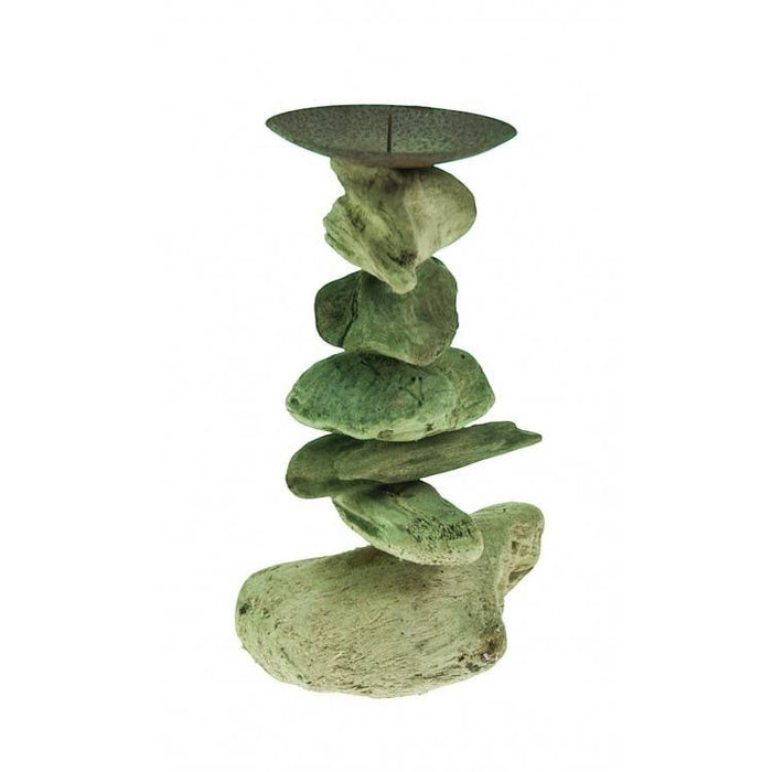 The Window, Milford Haven large rustic candle holder crafted from stacked organic driftwood with a metal plate.