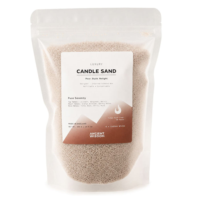 The Window, Milford Haven Pure Serenity latte beige scented candle sand in a 300g refillable pouch with cotton wicks.