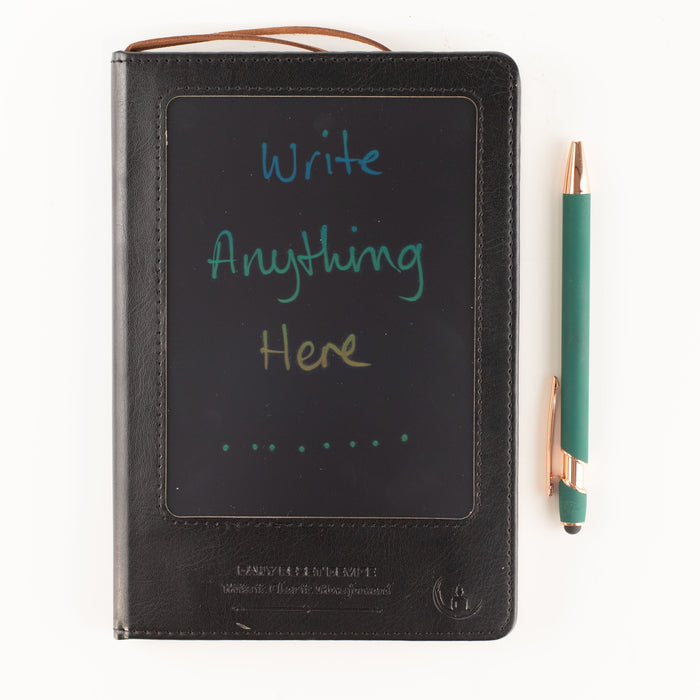 The Window, Milford Haven A5 black leather-effect notebook with a reusable LCD wipe screen and matching stylus pen.