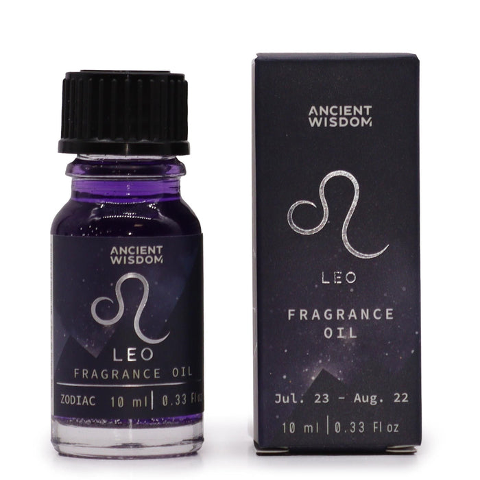 The Window, Milford Haven Leo zodiac fragrance oil in a 10ml purple bottle with bio glitter and matching gift box.