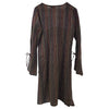 The Window, Milford Haven green and brown lurex midi tunic dress with flared tie-sleeves and vertical striped pattern.