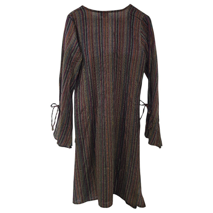The Window, Milford Haven green and brown lurex midi tunic dress with flared tie-sleeves and vertical striped pattern.