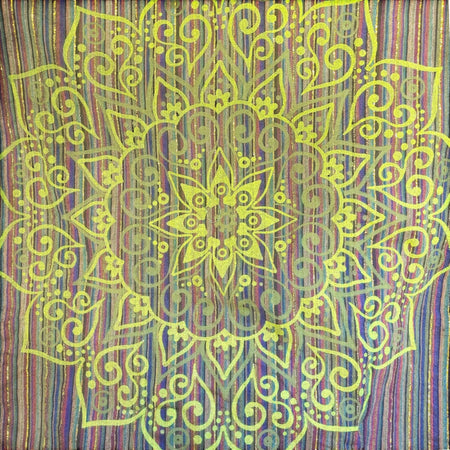 The Window, Milford Haven green and brown cotton tunic dress with a shimmering gold lurex mandala screen print.