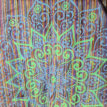 The Window, Milford Haven blue and purple cotton tunic dress with a shimmering gold lurex mandala screen print.