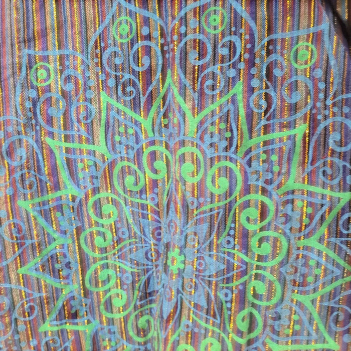The Window, Milford Haven blue and purple cotton tunic dress with a shimmering gold lurex mandala screen print.