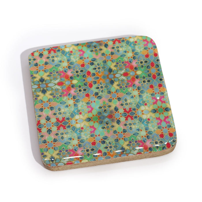 The Window, Milford Haven square mango wood coaster with a vibrant, colourful Mediterranean tile pattern.