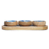 The Window, Milford Haven mango wood serving tray with three matching bowls featuring blue striped interior patterns.