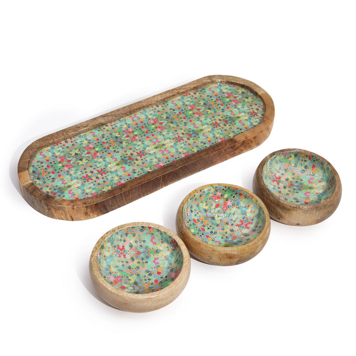 The Window, Milford Haven mango wood tray and three matching bowls featuring a vibrant Mediterranean tile pattern.