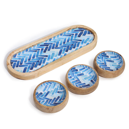 The Window, Milford Haven mango wood tray set with three small bowls featuring a blue herringbone stripe pattern.