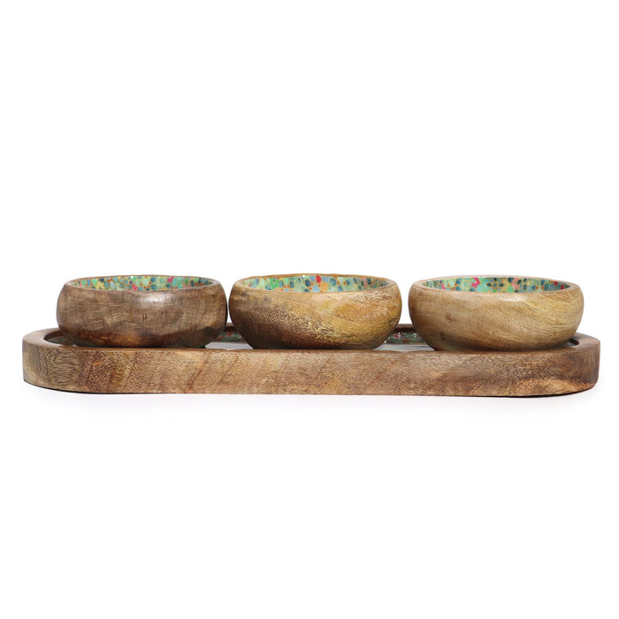 The Window, Milford Haven mango wood tray set with three bowls featuring a colorful Mediterranean tile pattern interior