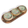 The Window, Milford Haven mango wood tray set with three bowls featuring a vibrant Mediterranean tile pattern.