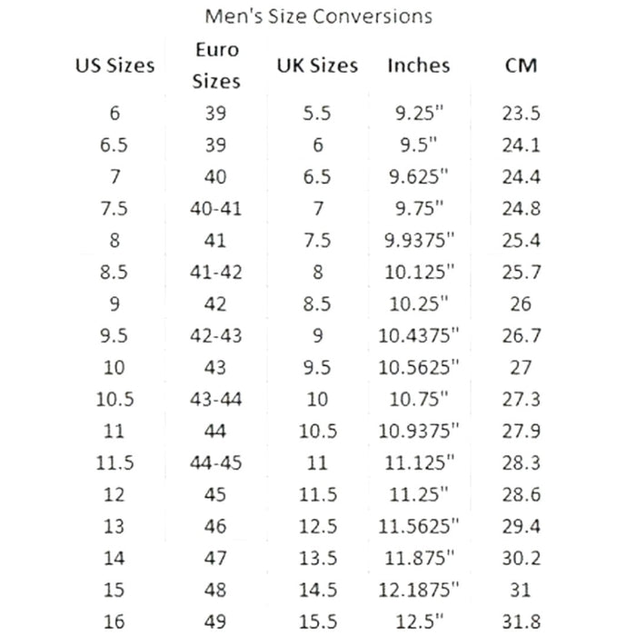 The Window, Milford Haven men's shoe size conversion chart showing US, Euro, UK, inches, and centimeters measurements.