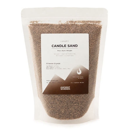 The Window, Milford Haven Crimson Crystal mocha brown candle sand in a 300g refillable pouch with four cotton wicks.