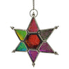 The Window, Milford Haven multi-coloured glass and iron star hanging lantern with embossed floral patterns.