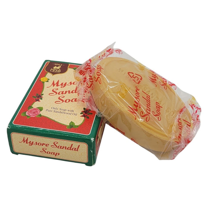 The Window, Milford Haven Mysore Sandal Soap bar in its green box and clear plastic wrapper with sandalwood scent.