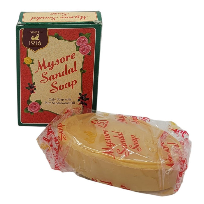 The Window, Milford Haven Mysore Sandal Soap bar in its traditional green and red box with pure sandalwood oil.