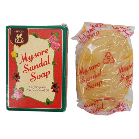 The Window, Milford Haven Mysore Sandal Soap bar in its green floral box and wrapped in clear plastic packaging.