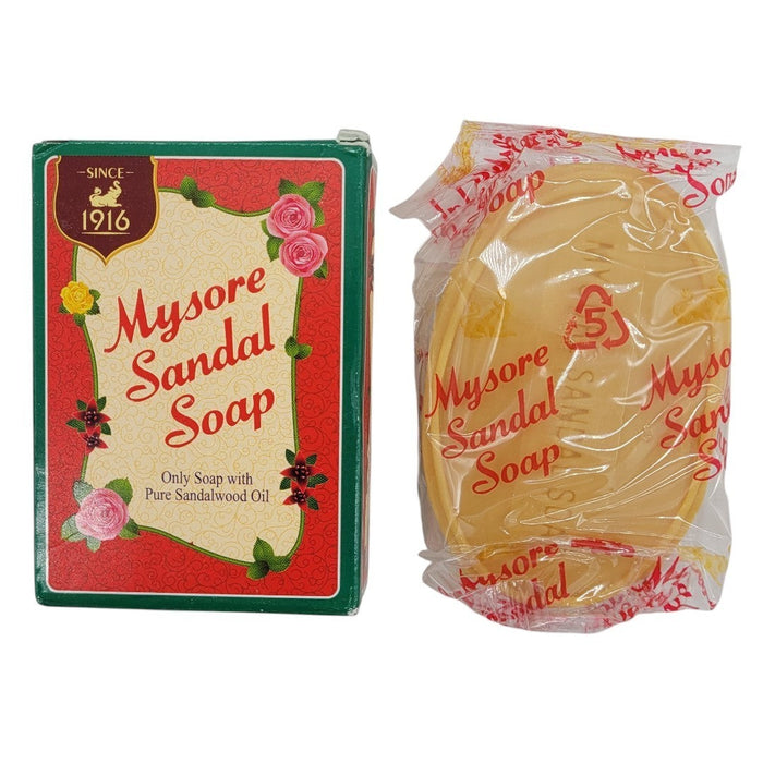 The Window, Milford Haven Mysore Sandal Soap bar in its green floral box and wrapped in clear plastic packaging.