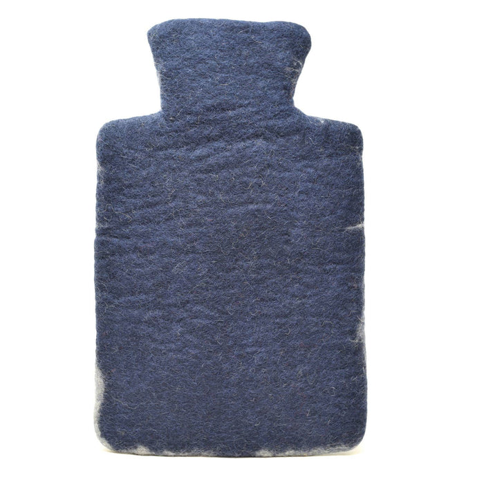 The Window, Milford Haven Black Yak navy blue wool felt hot water bottle cover with a hand-crafted robin design.
