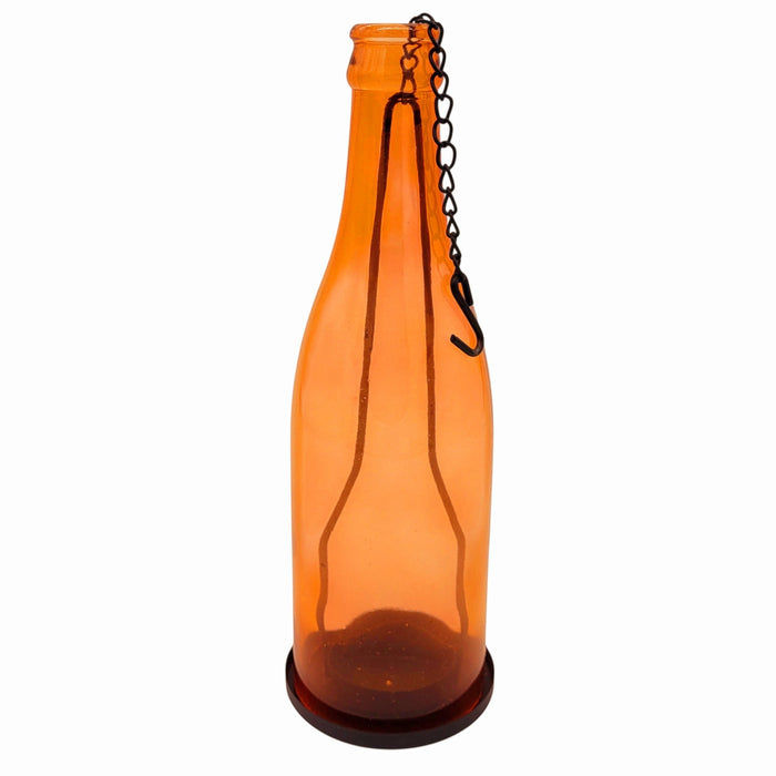 The Window, Milford Haven orange glass bottle tealight holder with a metal hanging chain and base.