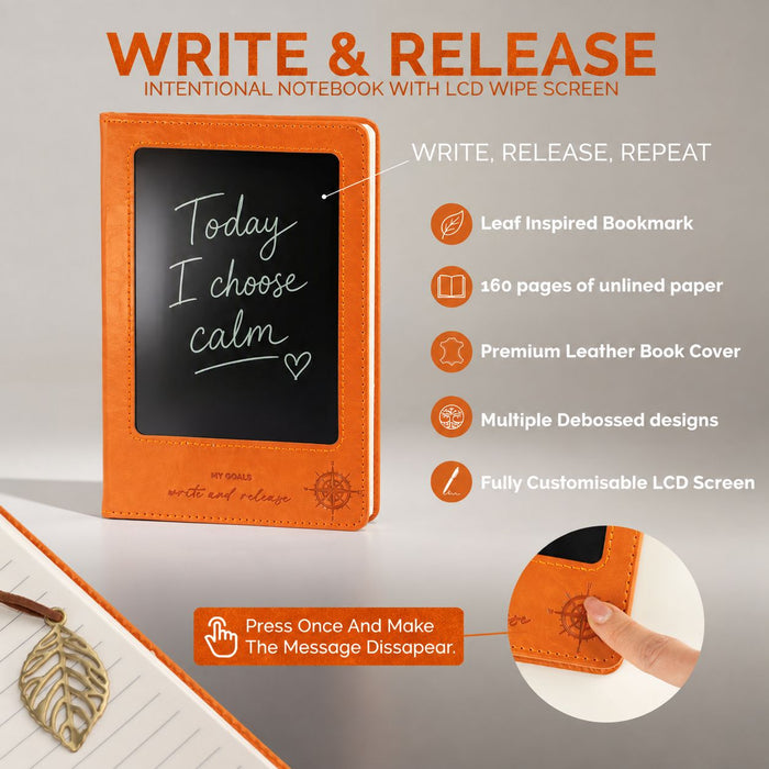 The Window, Milford Haven Doodlers Delight orange leather-effect A5 notebook with a reusable LCD wipe screen cover.