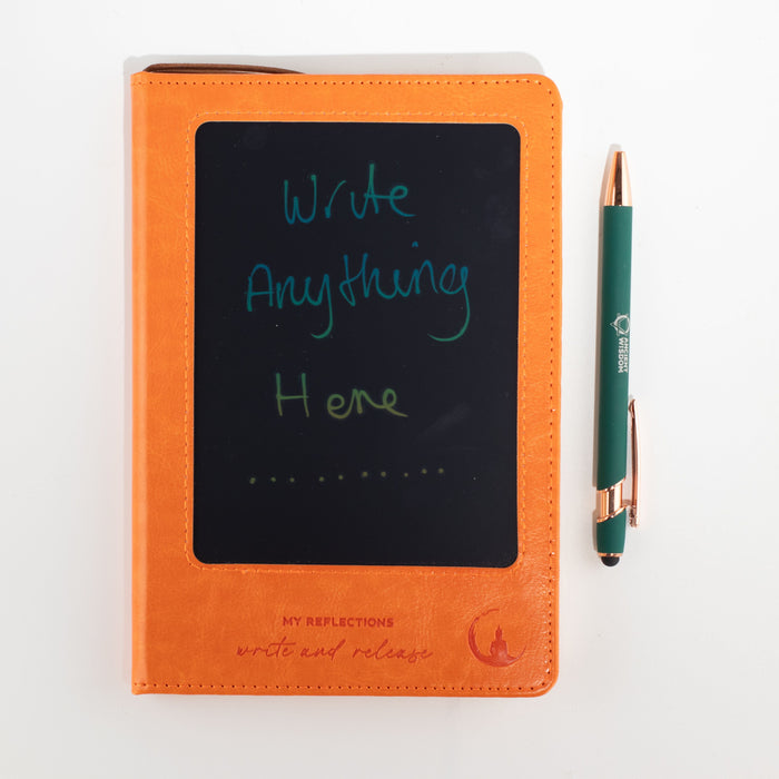 The Window, Milford Haven orange leather-effect A5 notebook with a reusable LCD wipe screen and matching green pen.