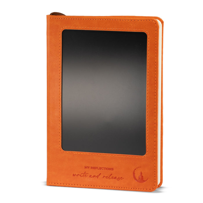 The Window, Milford Haven orange leather-effect A5 notebook featuring a reusable LCD wipe screen on the front cover.