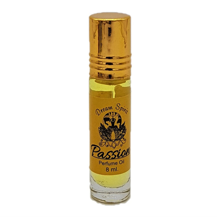 The Window, Milford Haven Dream Spirit Passion roll-on perfume oil in an 8ml glass bottle with a gold cap.