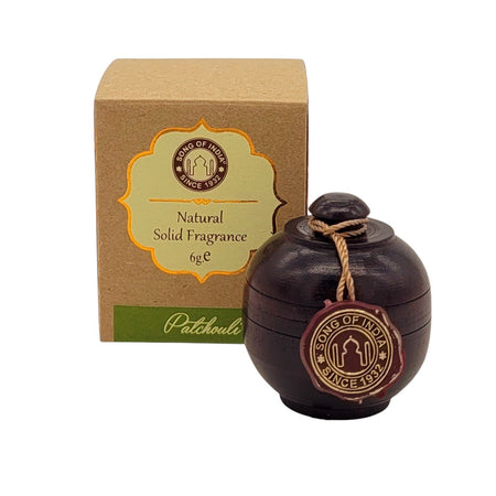 The Window, Milford Haven Song Of India patchouli solid perfume in a hand-carved rosewood jar with eco-friendly box.